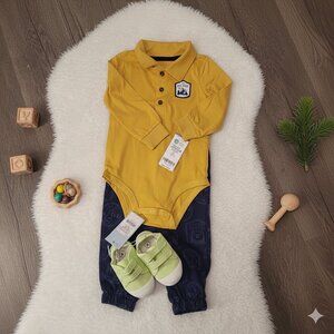 NWT Carter's Baby Outfit Set | Long Sleeve Polo Bodysuit, Jogger Pants + Shoes
